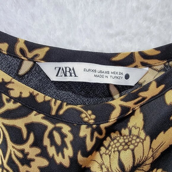 Zara Floral Print Black and Bronze/Gold Tie Wrap Maxi Dress with High Slit XS - Picture 6 of 7